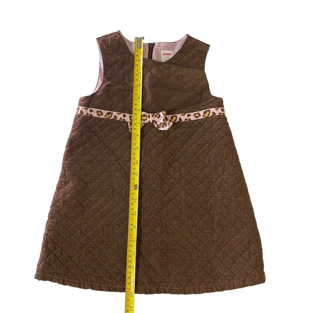 Gymboree Girls 4T Quilted Jumper Dress Brown Pink Leopard Bow Sleeveless￼